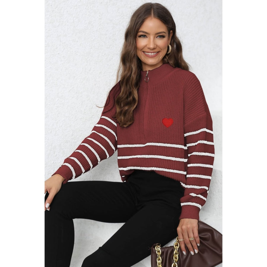 Striped Zip-Up Long Sleeve Ribbed Sweater