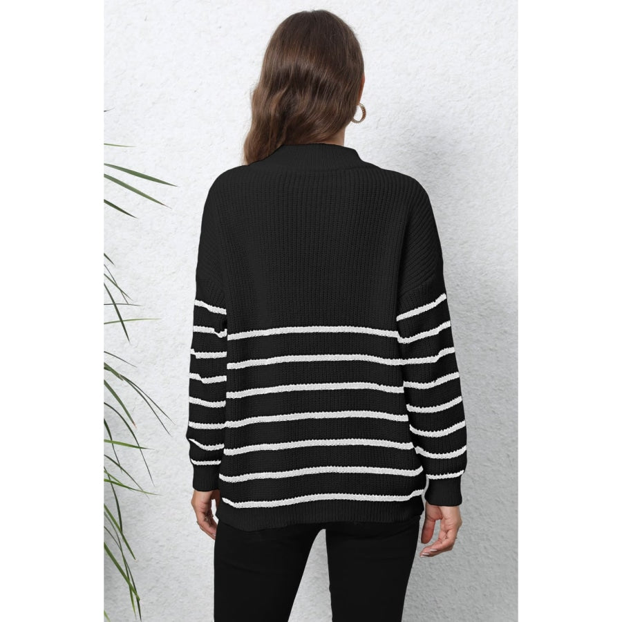 Striped Zip-Up Long Sleeve Ribbed Sweater