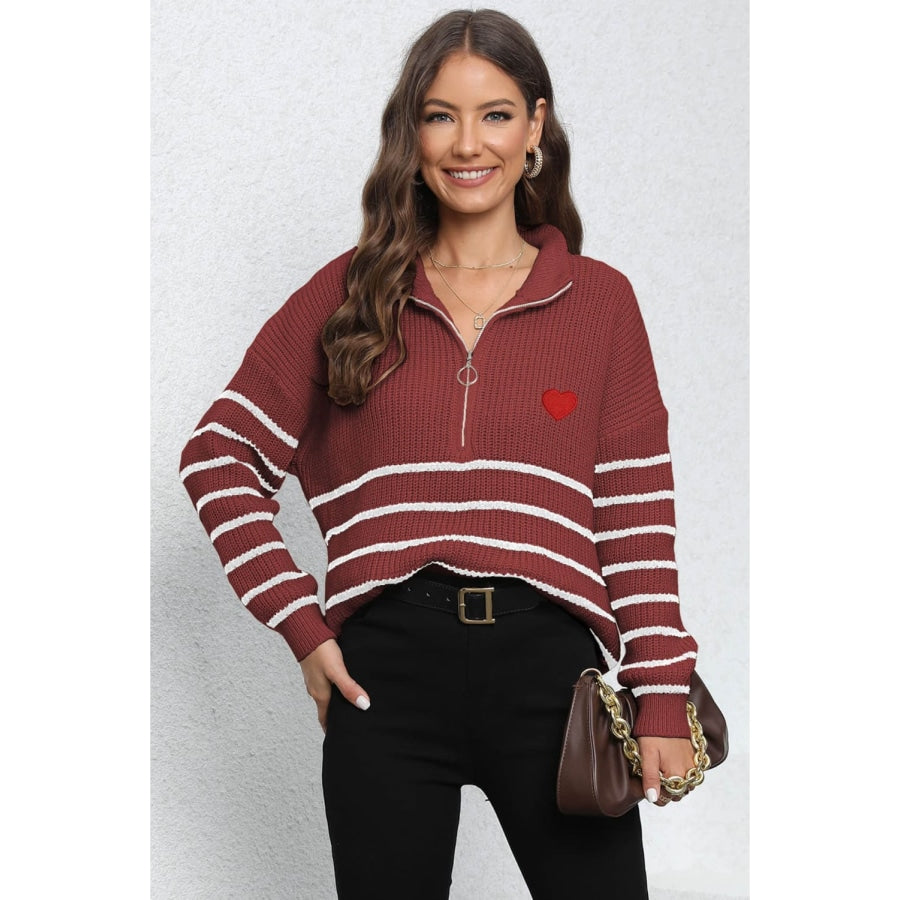 Striped Zip-Up Long Sleeve Ribbed Sweater Wine / One Size