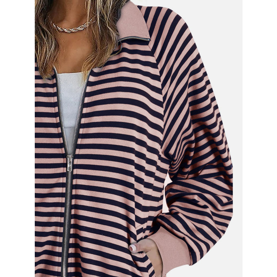 Striped Zip Up Long Sleeve Sweatshirt Apparel and Accessories