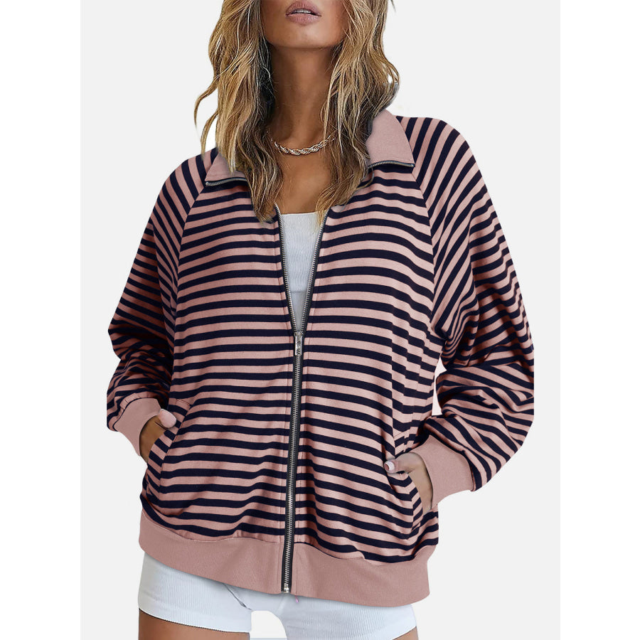 Striped Zip Up Long Sleeve Sweatshirt Dusty Pink / S Apparel and Accessories