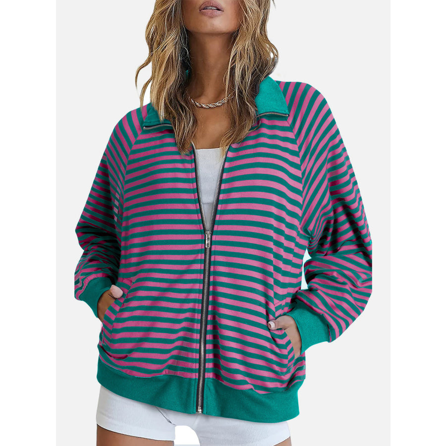 Striped Zip Up Long Sleeve Sweatshirt Pink/Green / S Apparel and Accessories