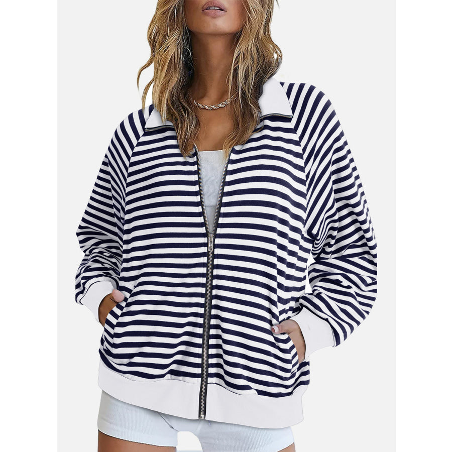 Striped Zip Up Long Sleeve Sweatshirt White / S Apparel and Accessories