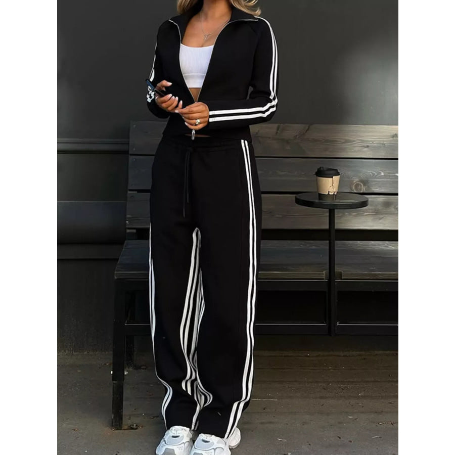 Striped Zip Up Top and Pants Set Apparel and Accessories