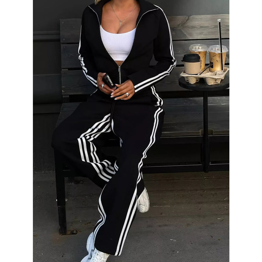 Striped Zip Up Top and Pants Set Apparel and Accessories