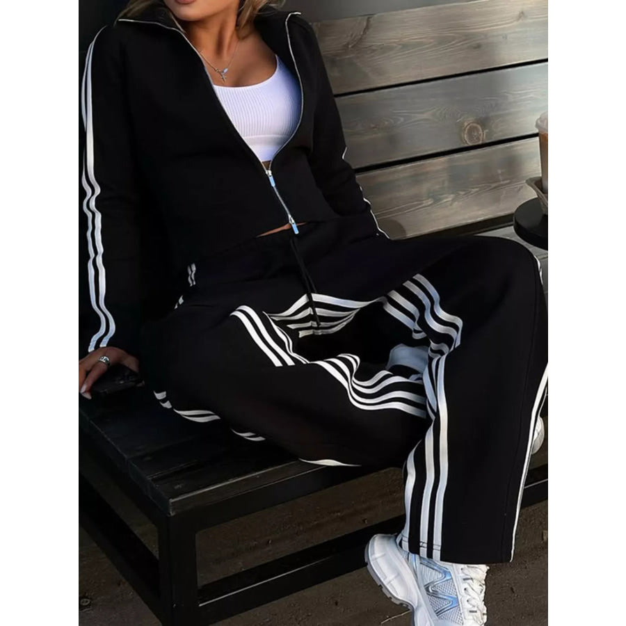 Striped Zip Up Top and Pants Set Apparel and Accessories