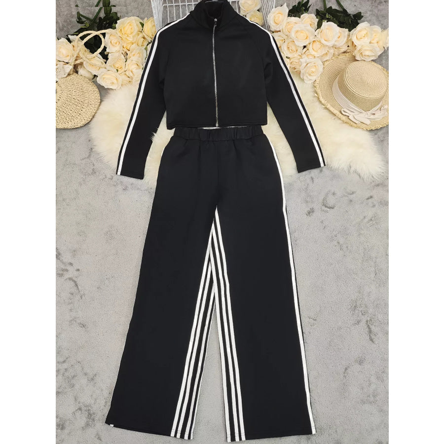 Striped Zip Up Top and Pants Set Black / S Apparel and Accessories