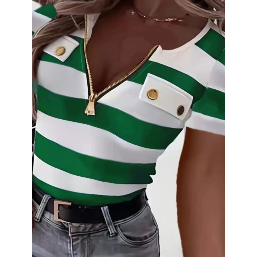 Striped Zipper Front Short Sleeve T-Shirt Apparel and Accessories