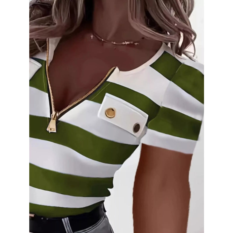 Striped Zipper Front Short Sleeve T-Shirt Apparel and Accessories