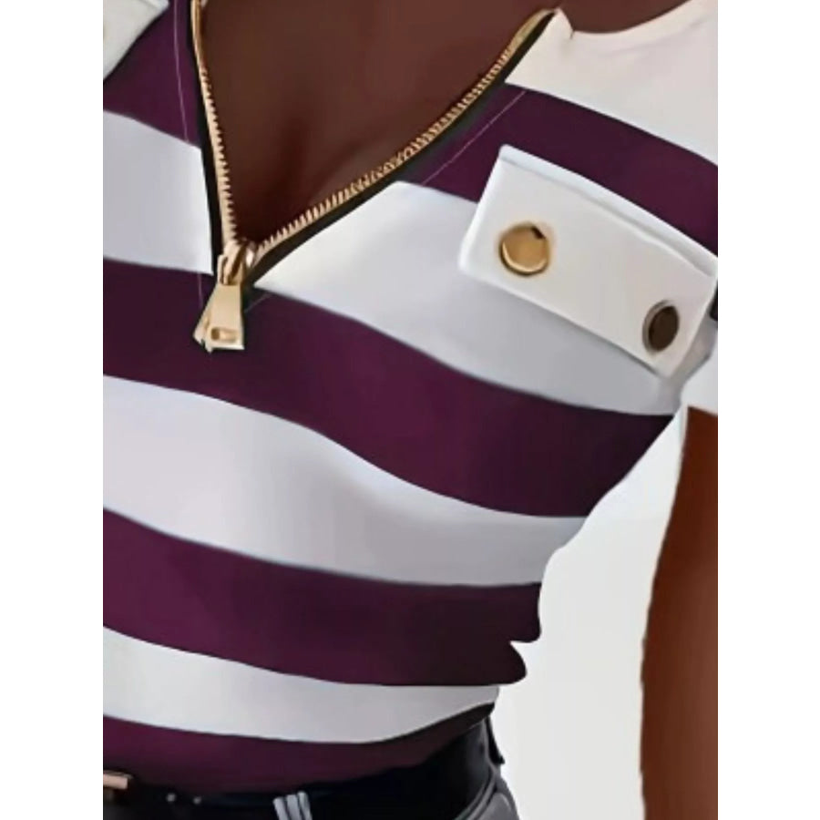 Striped Zipper Front Short Sleeve T-Shirt Apparel and Accessories
