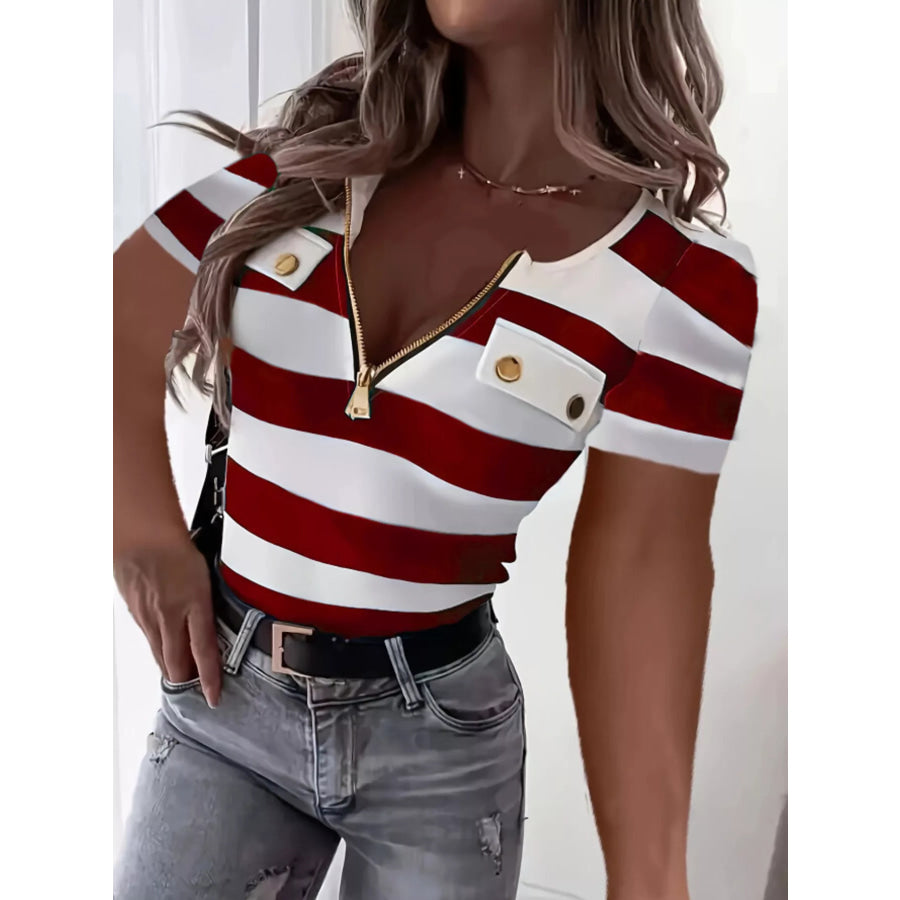 Striped Zipper Front Short Sleeve T-Shirt Burgundy / S Apparel and Accessories