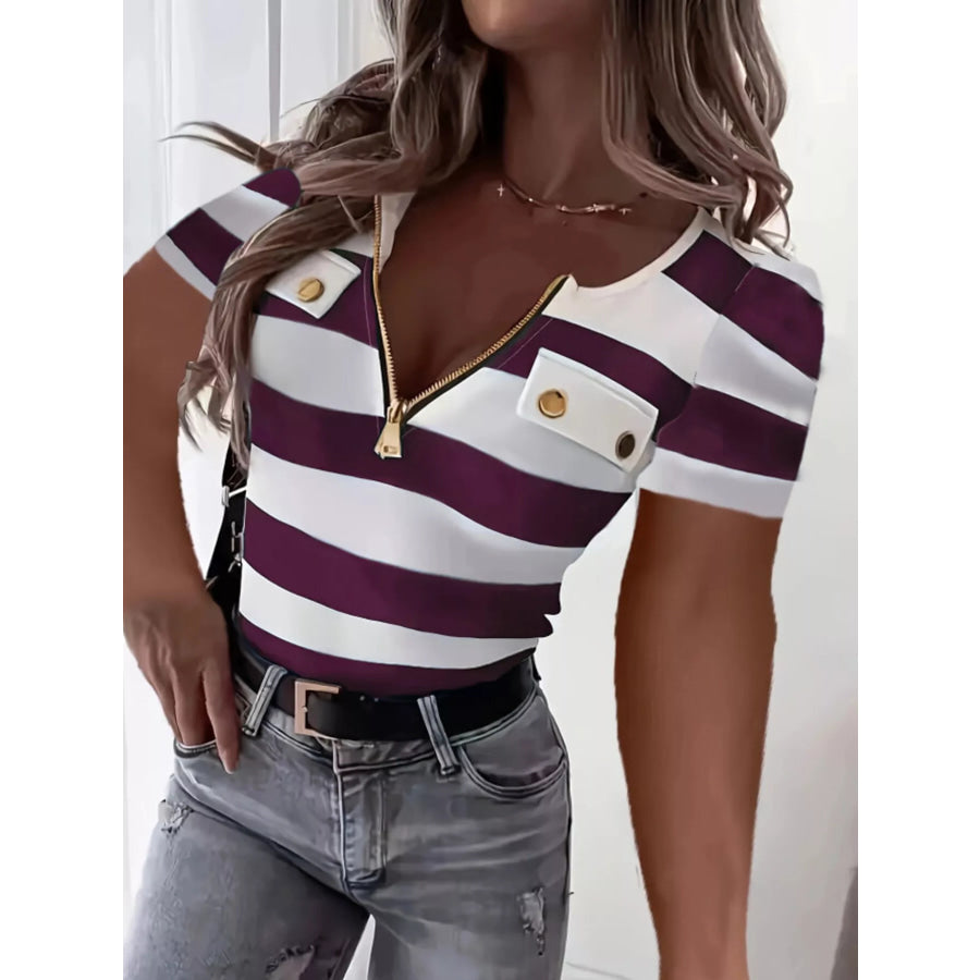 Striped Zipper Front Short Sleeve T-Shirt Plum Purple / S Apparel and Accessories