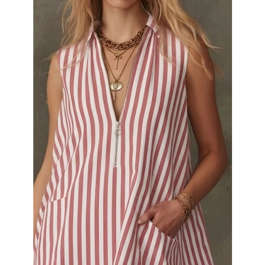 Striped Zipper Neck Ruffle Hem Dress Apparel and Accessories