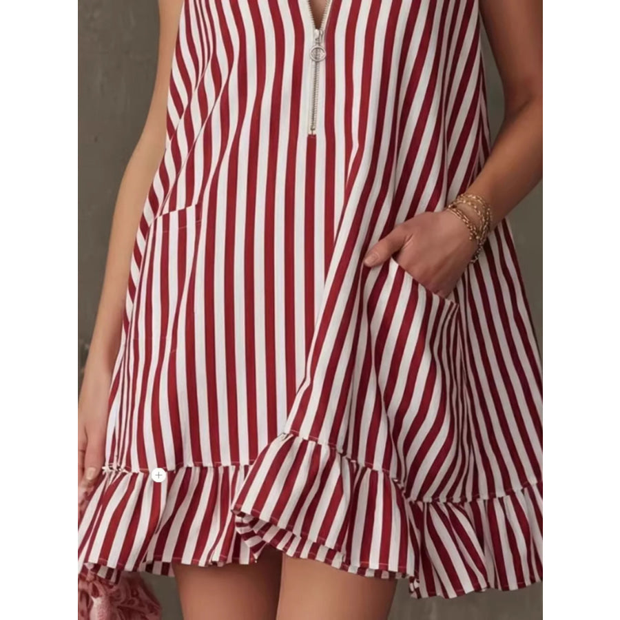 Striped Zipper Neck Ruffle Hem Dress Apparel and Accessories