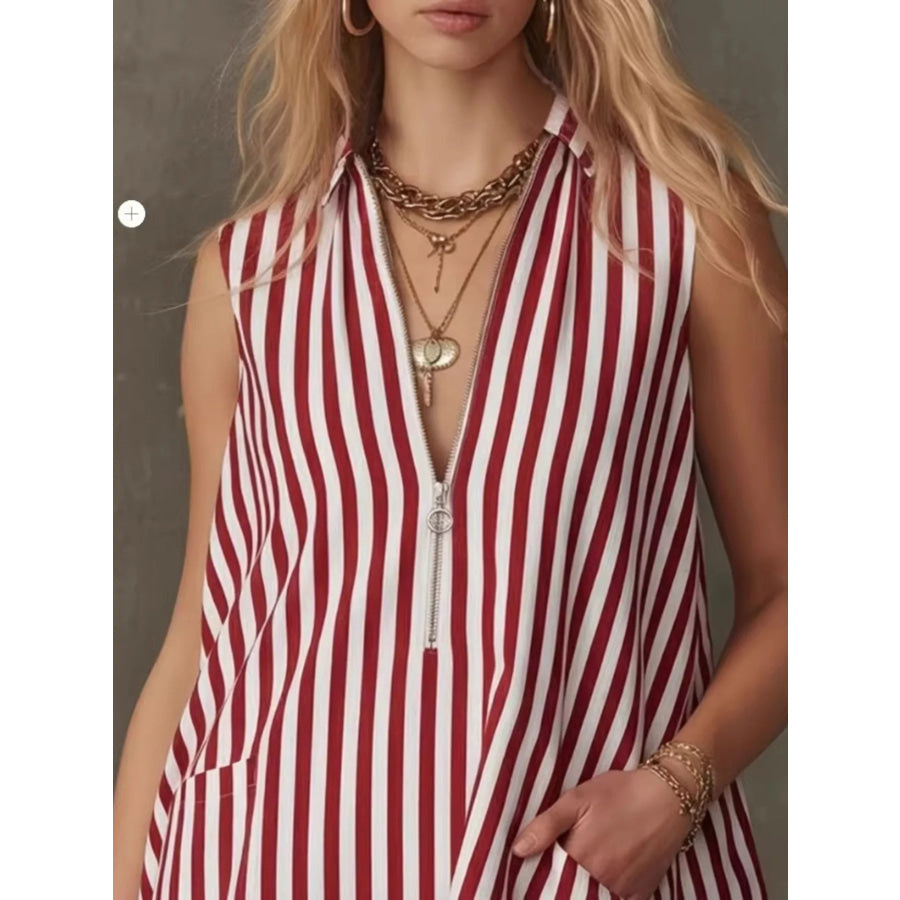 Striped Zipper Neck Ruffle Hem Dress Apparel and Accessories