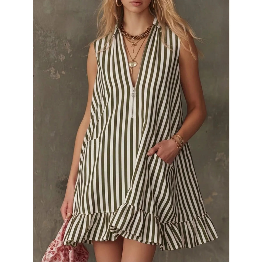 Striped Zipper Neck Ruffle Hem Dress Army Green / S Apparel and Accessories