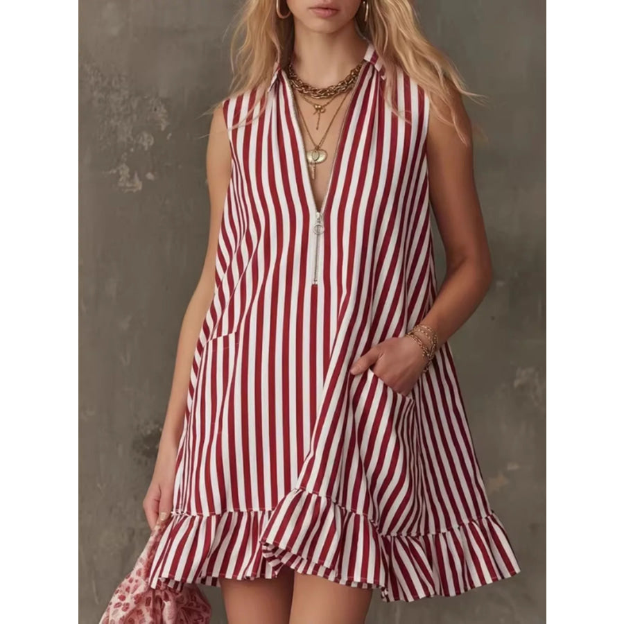Striped Zipper Neck Ruffle Hem Dress Burgundy / S Apparel and Accessories