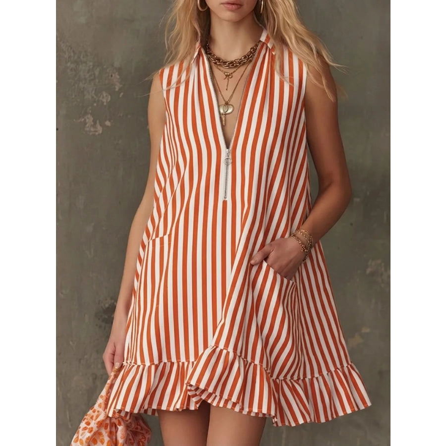 Striped Zipper Neck Ruffle Hem Dress Orange-red / S Apparel and Accessories