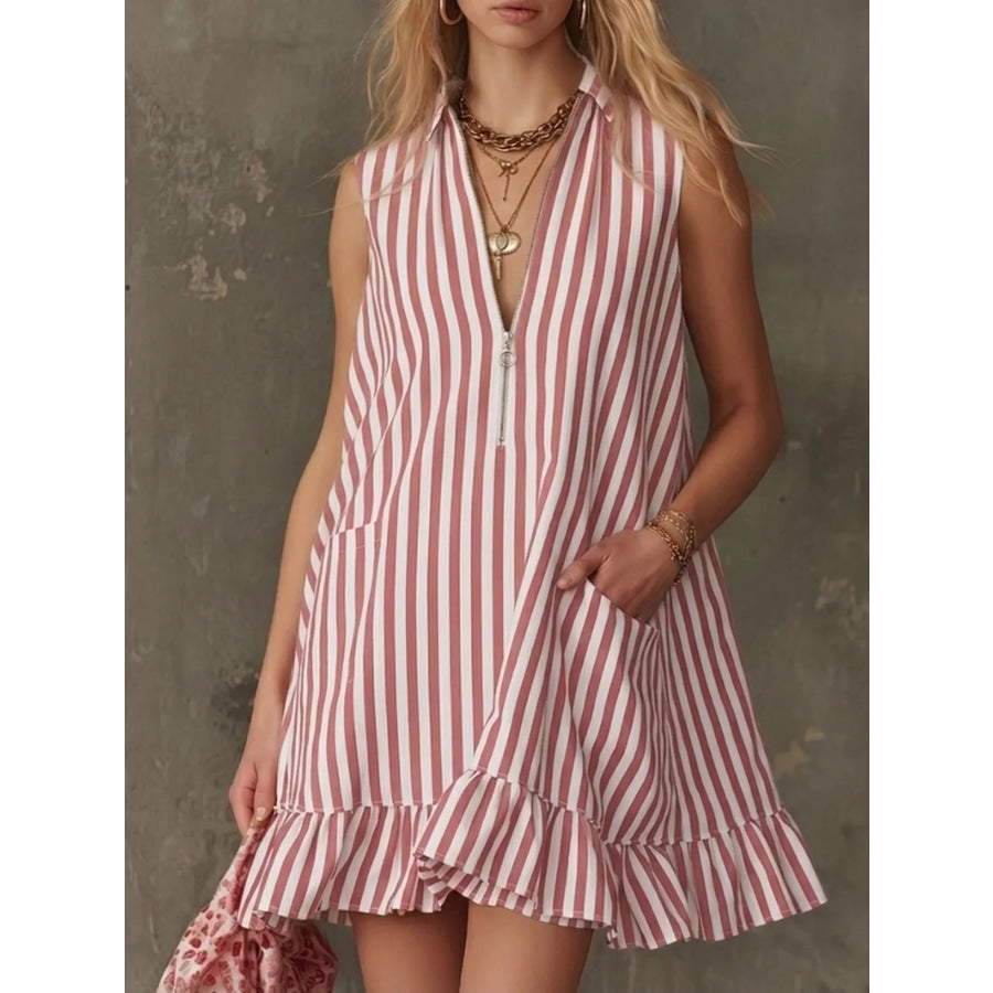 Striped Zipper Neck Ruffle Hem Dress Pink / S Apparel and Accessories