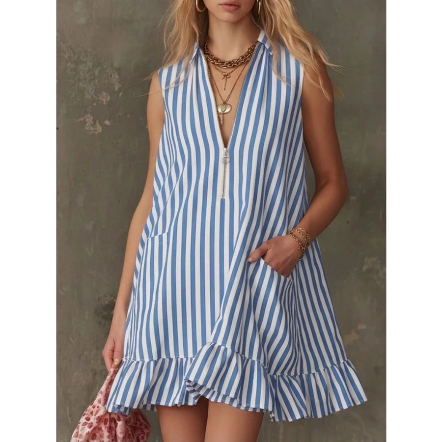 Striped Zipper Neck Ruffle Hem Dress Sky Blue / S Apparel and Accessories