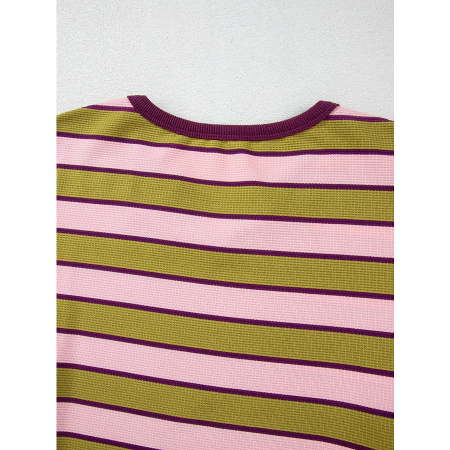 Stripes Waffle Texture Notched Neck Long Sleeve Top Apparel and Accessories