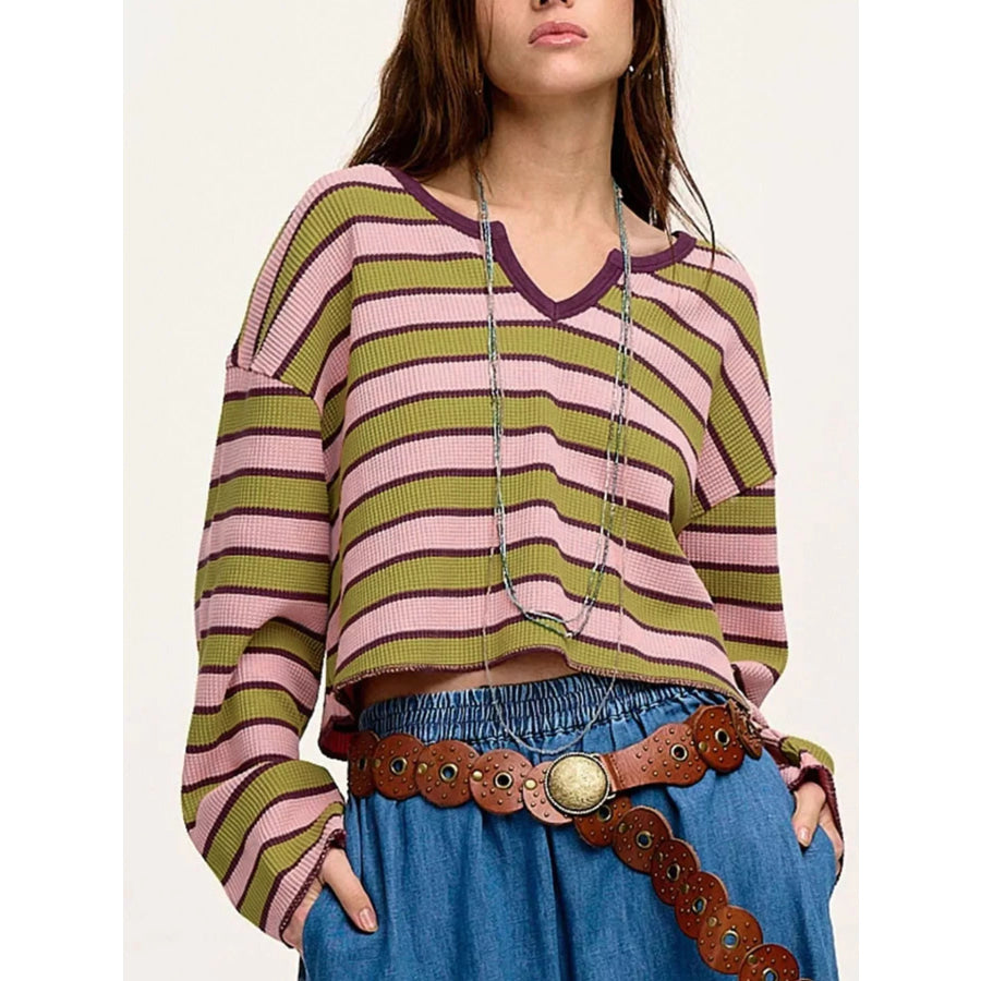 Stripes Waffle Texture Notched Neck Long Sleeve Top Apparel and Accessories