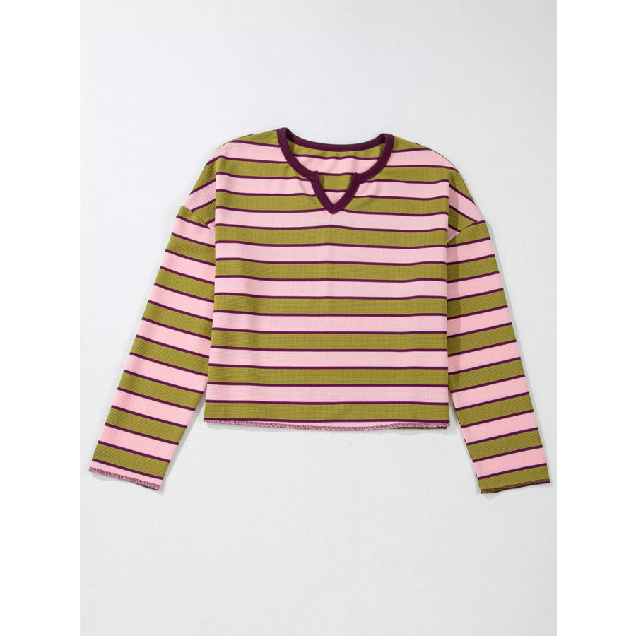 Stripes Waffle Texture Notched Neck Long Sleeve Top Apparel and Accessories