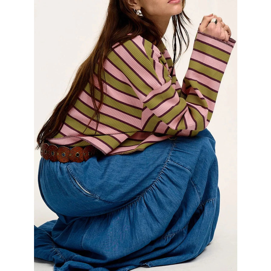 Stripes Waffle Texture Notched Neck Long Sleeve Top Apparel and Accessories