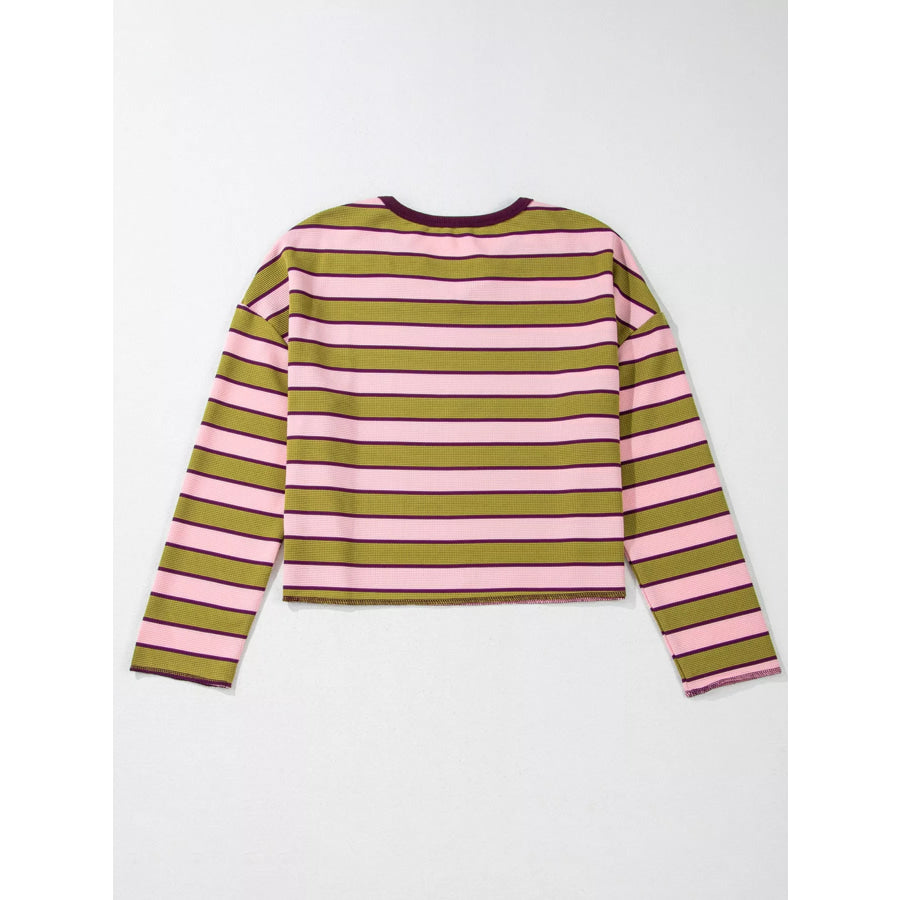 Stripes Waffle Texture Notched Neck Long Sleeve Top Apparel and Accessories