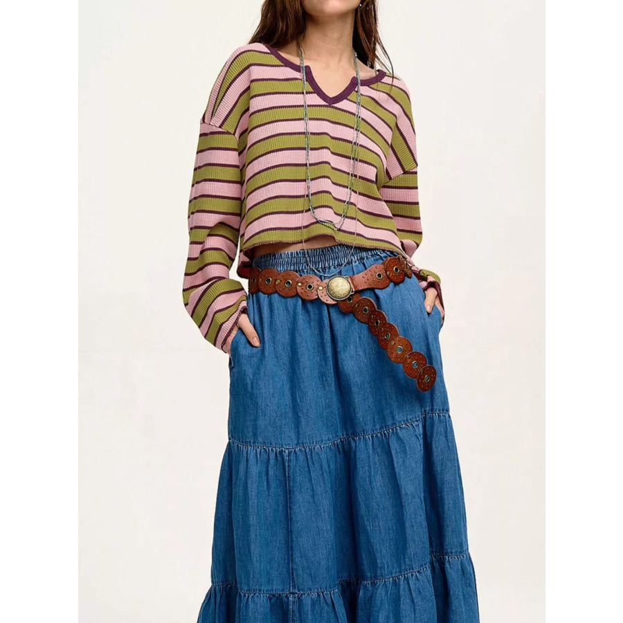 Stripes Waffle Texture Notched Neck Long Sleeve Top Apparel and Accessories