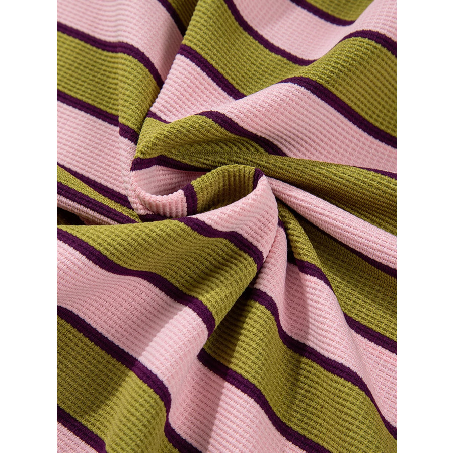 Stripes Waffle Texture Notched Neck Long Sleeve Top Apparel and Accessories