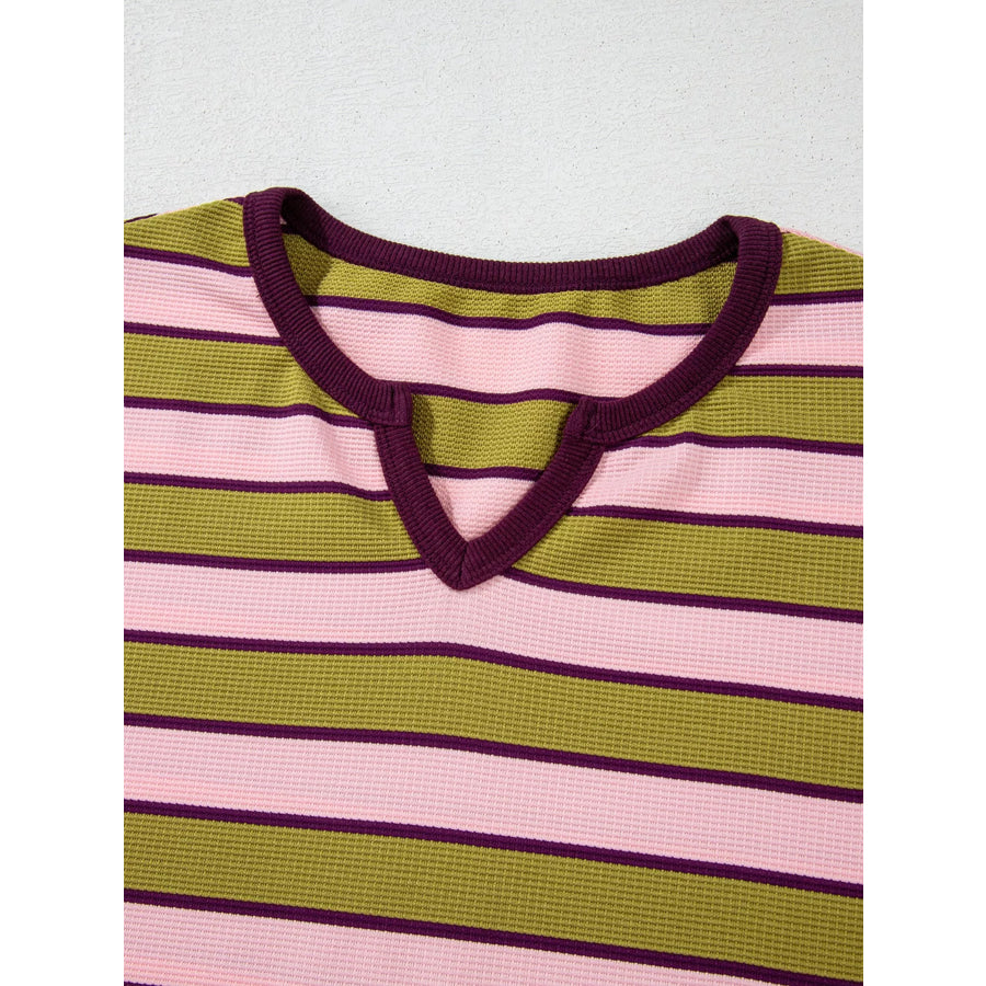Stripes Waffle Texture Notched Neck Long Sleeve Top Apparel and Accessories