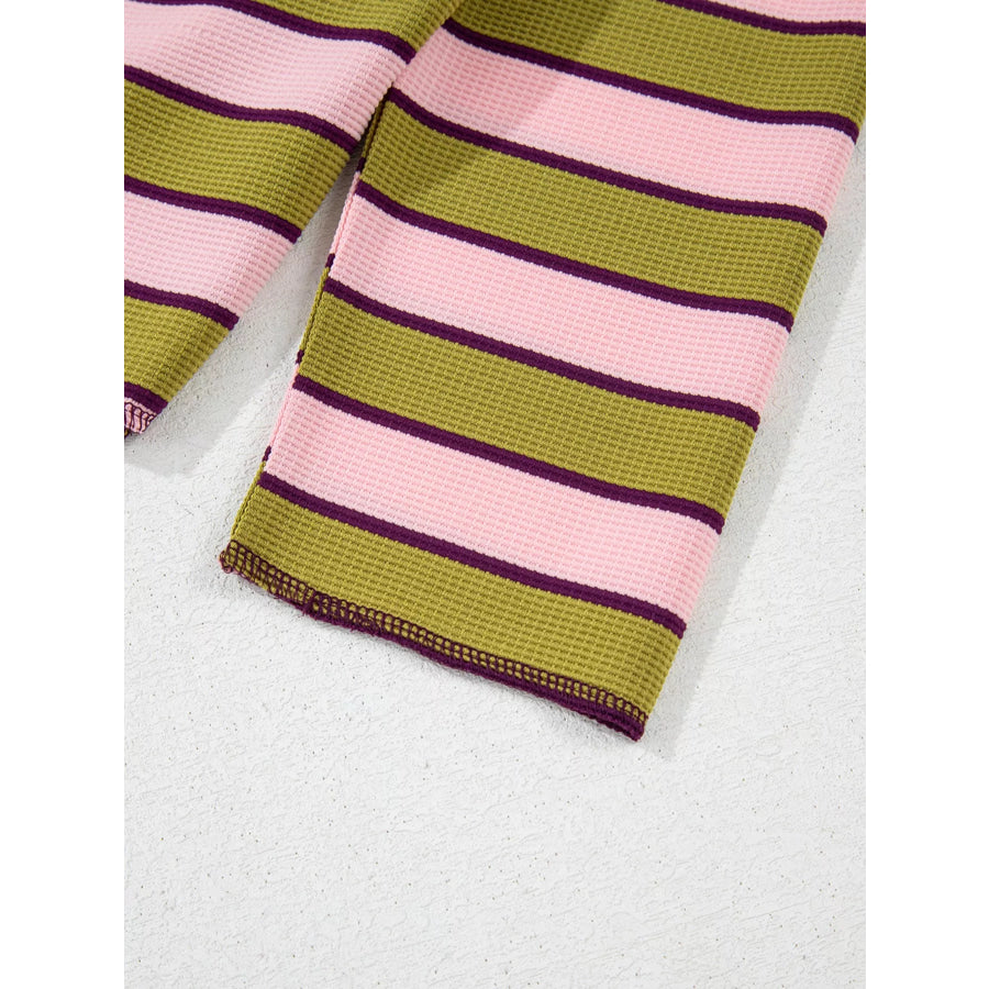 Stripes Waffle Texture Notched Neck Long Sleeve Top Apparel and Accessories