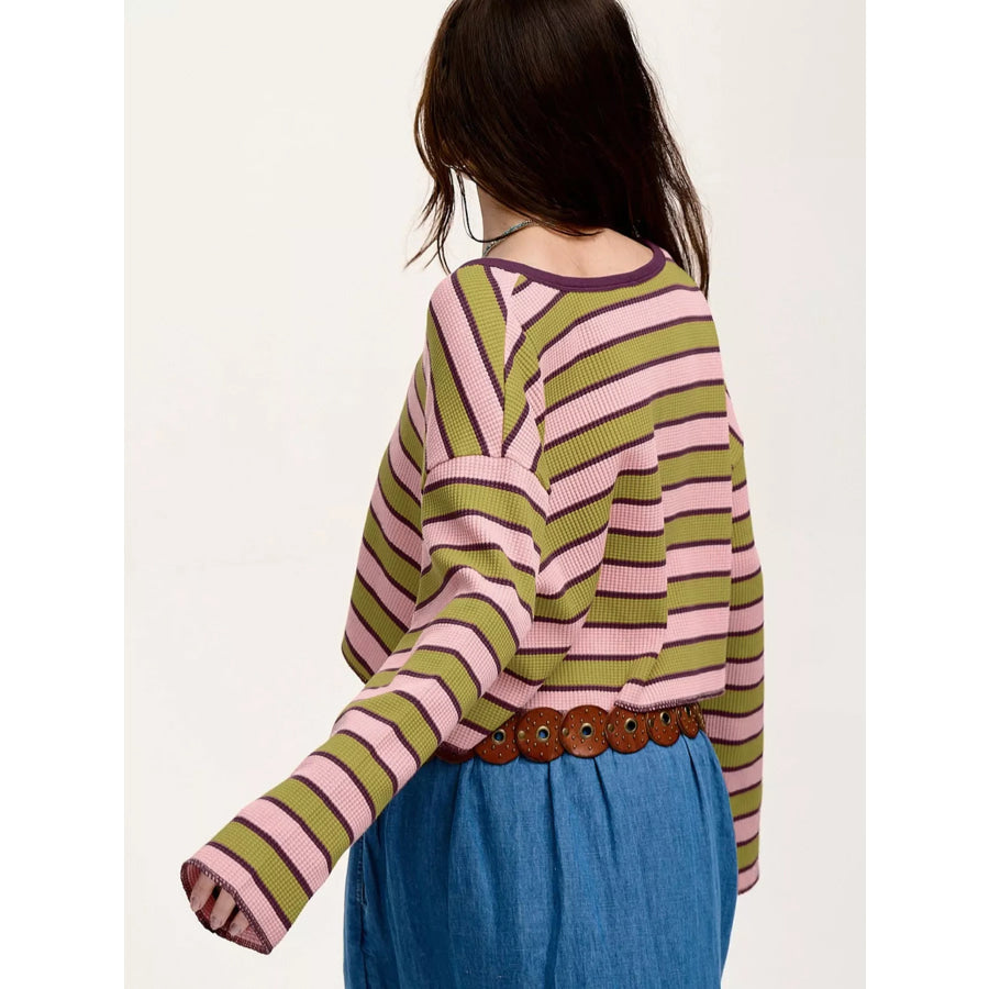 Stripes Waffle Texture Notched Neck Long Sleeve Top Apparel and Accessories