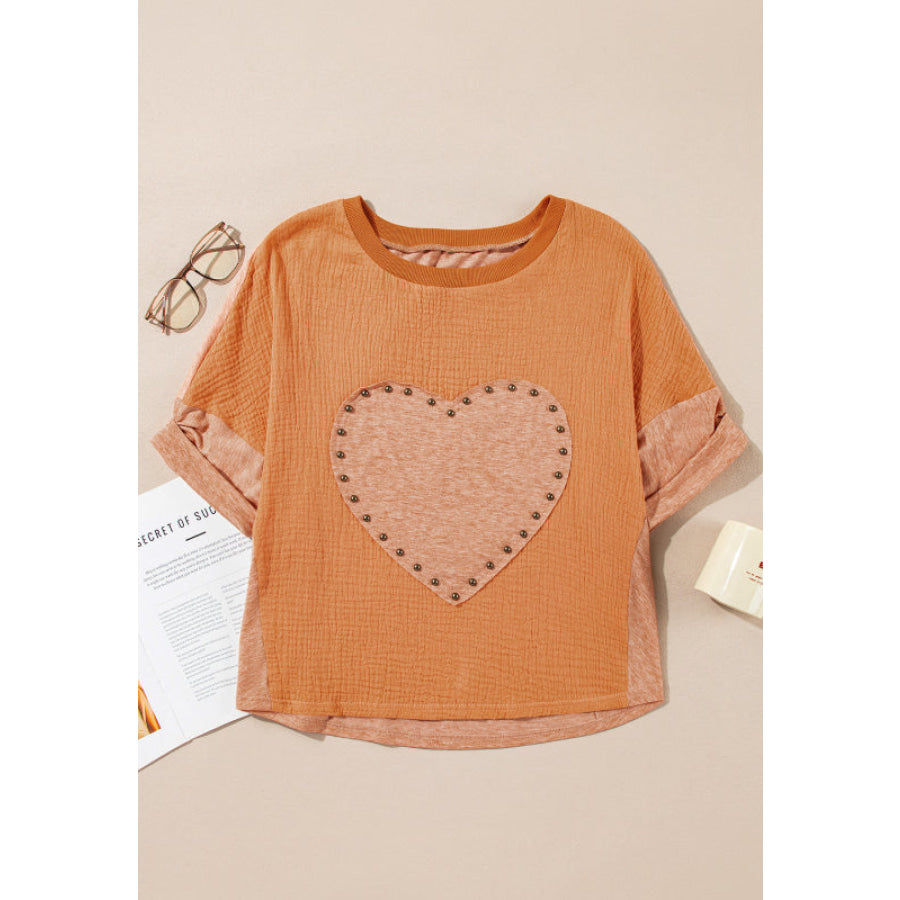 Stud Heart Patch Round Neck Short Sleeve T-Shirt Apparel and Accessories