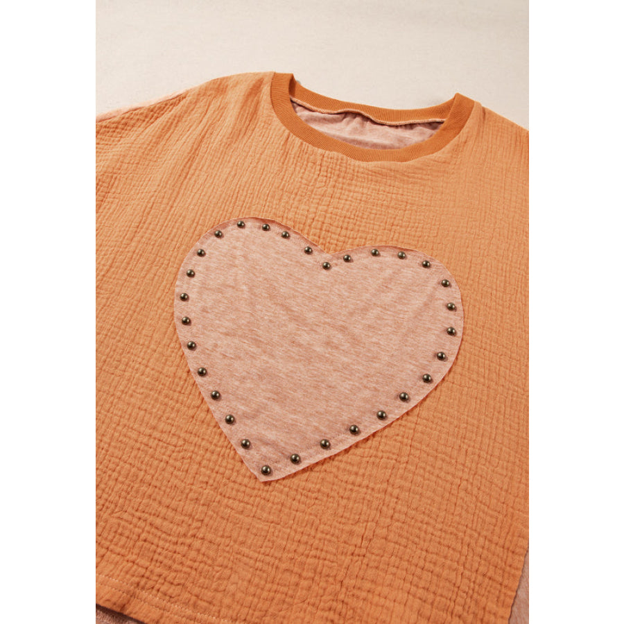 Stud Heart Patch Round Neck Short Sleeve T-Shirt Apparel and Accessories