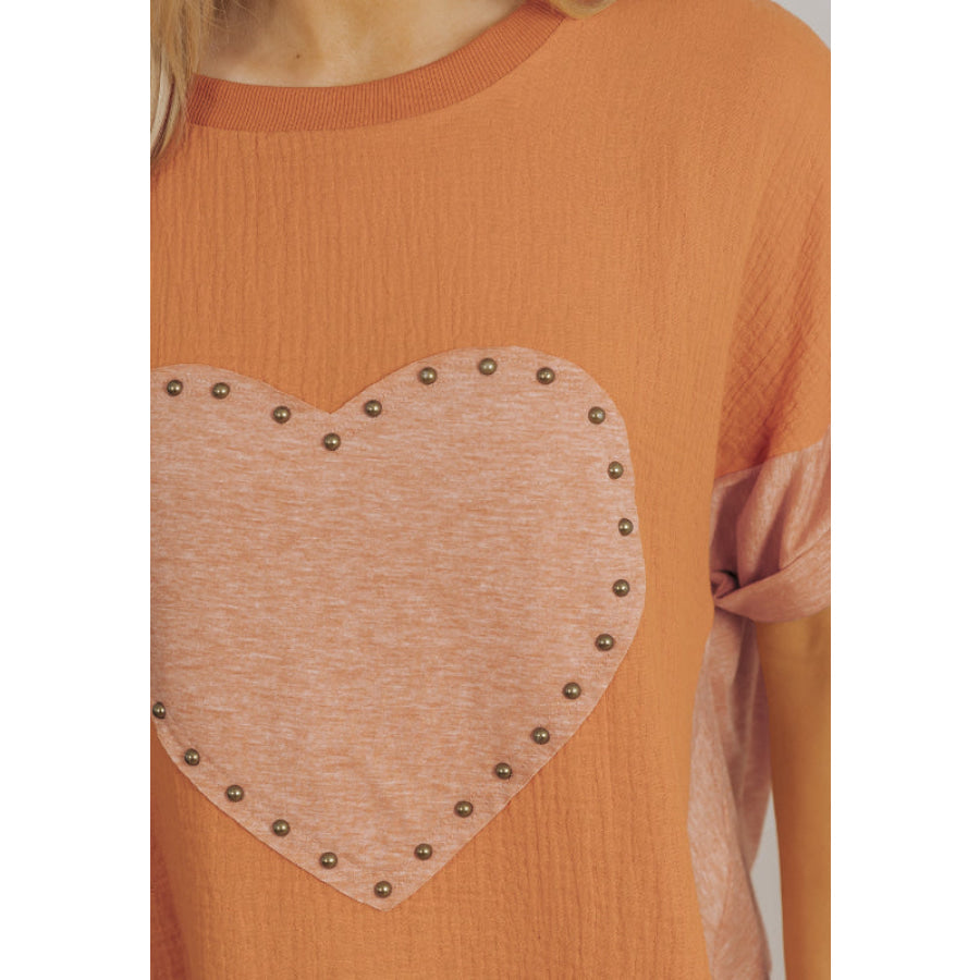 Stud Heart Patch Round Neck Short Sleeve T-Shirt Apparel and Accessories