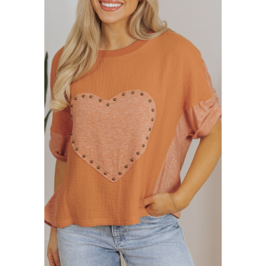 Stud Heart Patch Round Neck Short Sleeve T-Shirt Apparel and Accessories