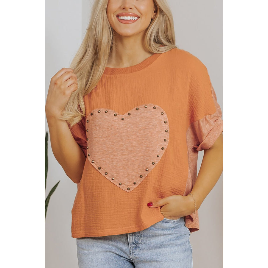 Stud Heart Patch Round Neck Short Sleeve T-Shirt Apparel and Accessories