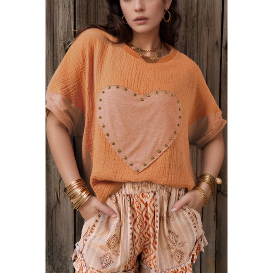 Stud Heart Patch Round Neck Short Sleeve T-Shirt Sherbet / S Apparel and Accessories