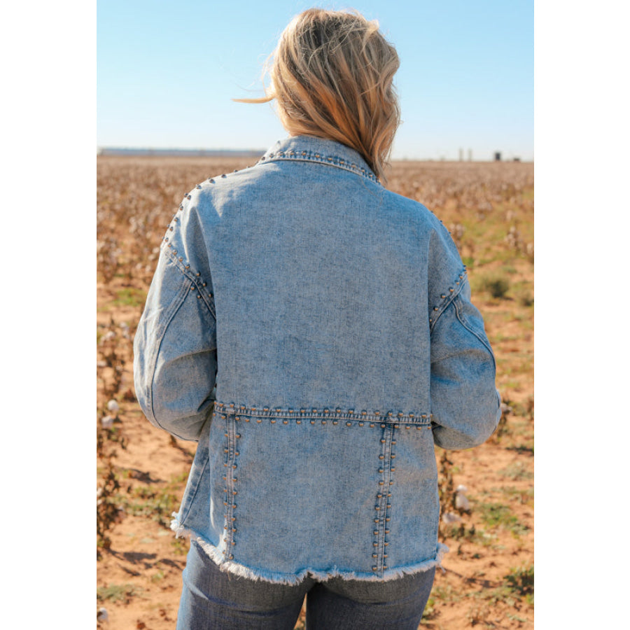 Studded Acid Wash Long Sleeve Denim Jacket Apparel and Accessories