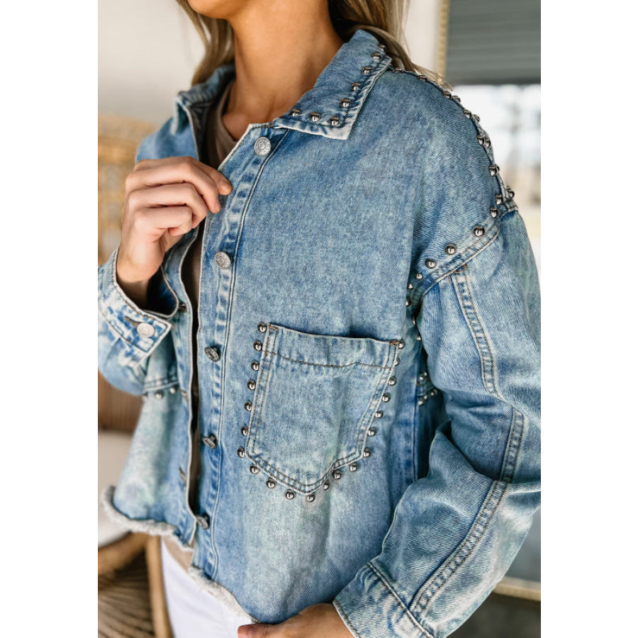 Studded Acid Wash Long Sleeve Denim Jacket Apparel and Accessories