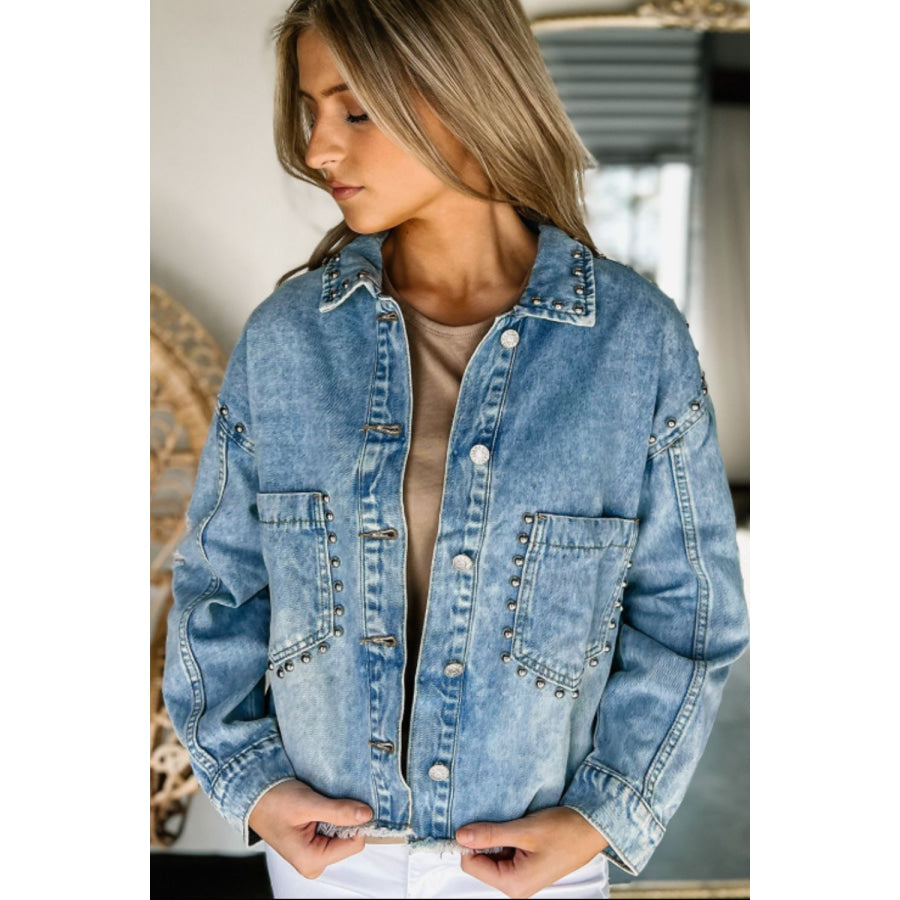 Studded Acid Wash Long Sleeve Denim Jacket Apparel and Accessories