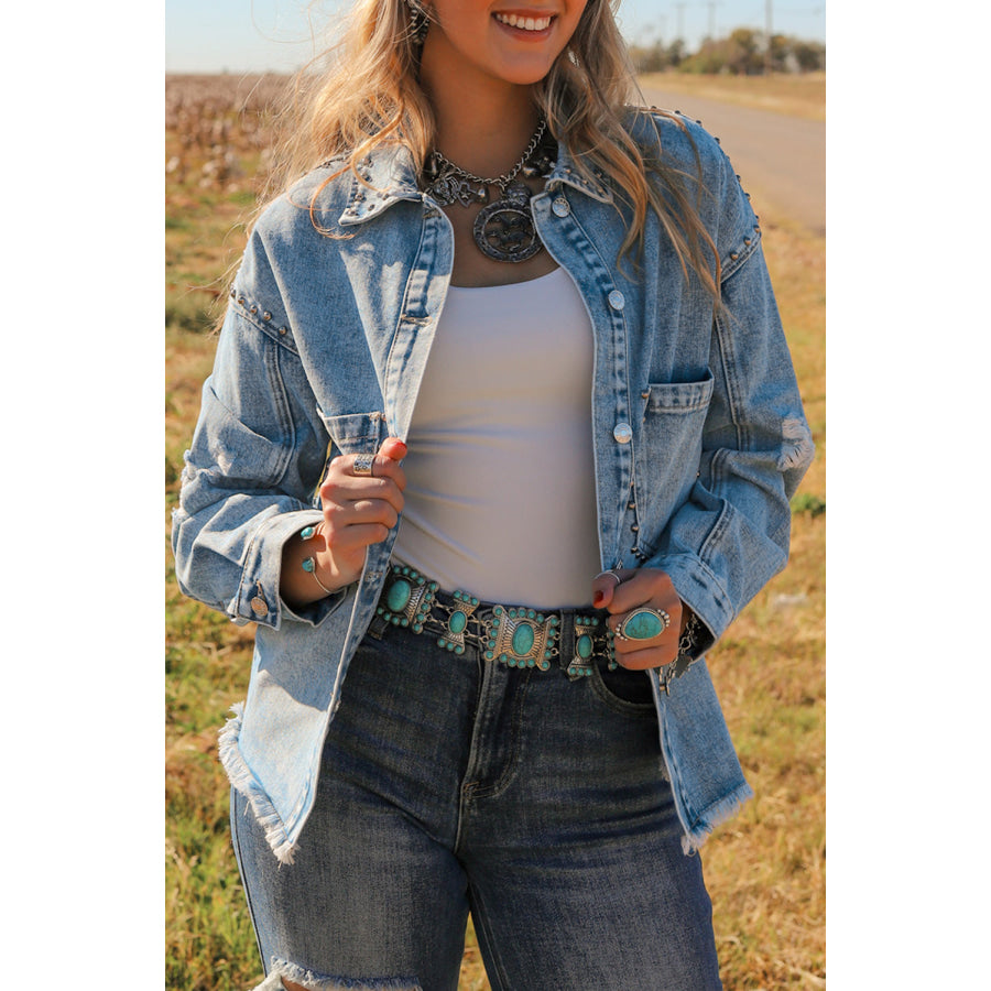 Studded Acid Wash Long Sleeve Denim Jacket Apparel and Accessories