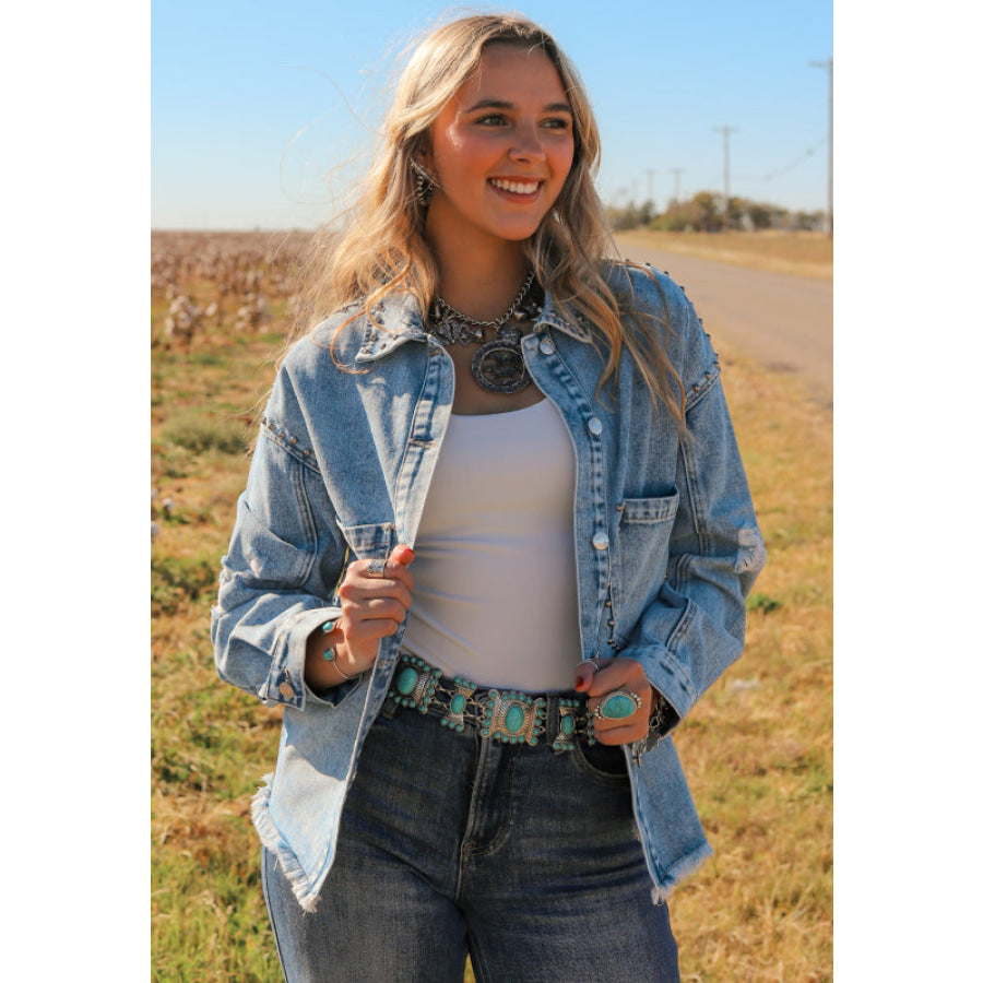 Studded Acid Wash Long Sleeve Denim Jacket Apparel and Accessories