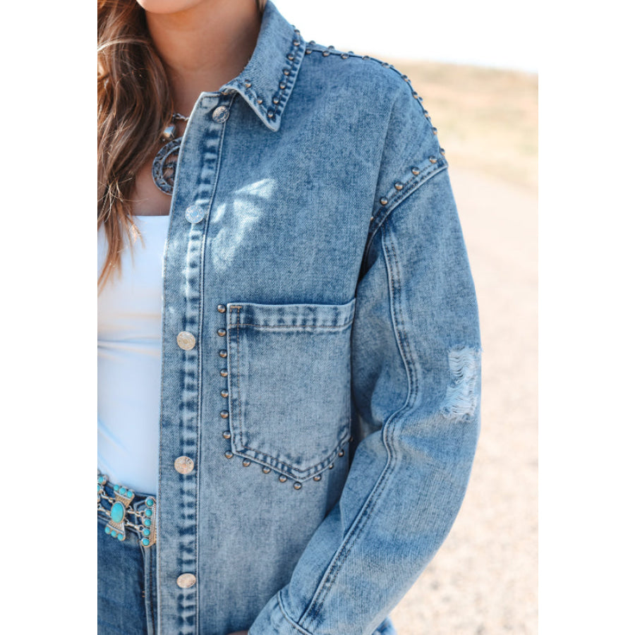 Studded Acid Wash Long Sleeve Denim Jacket Apparel and Accessories