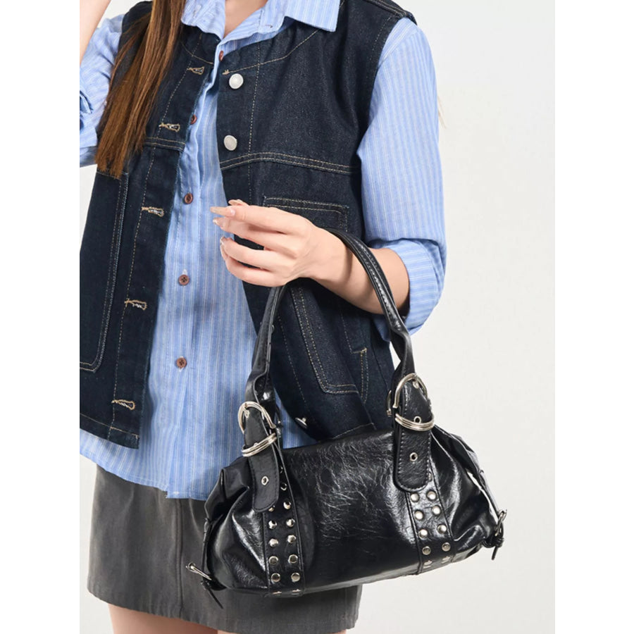 Studded Buckle Accent Handbag Black / One Size Apparel and Accessories