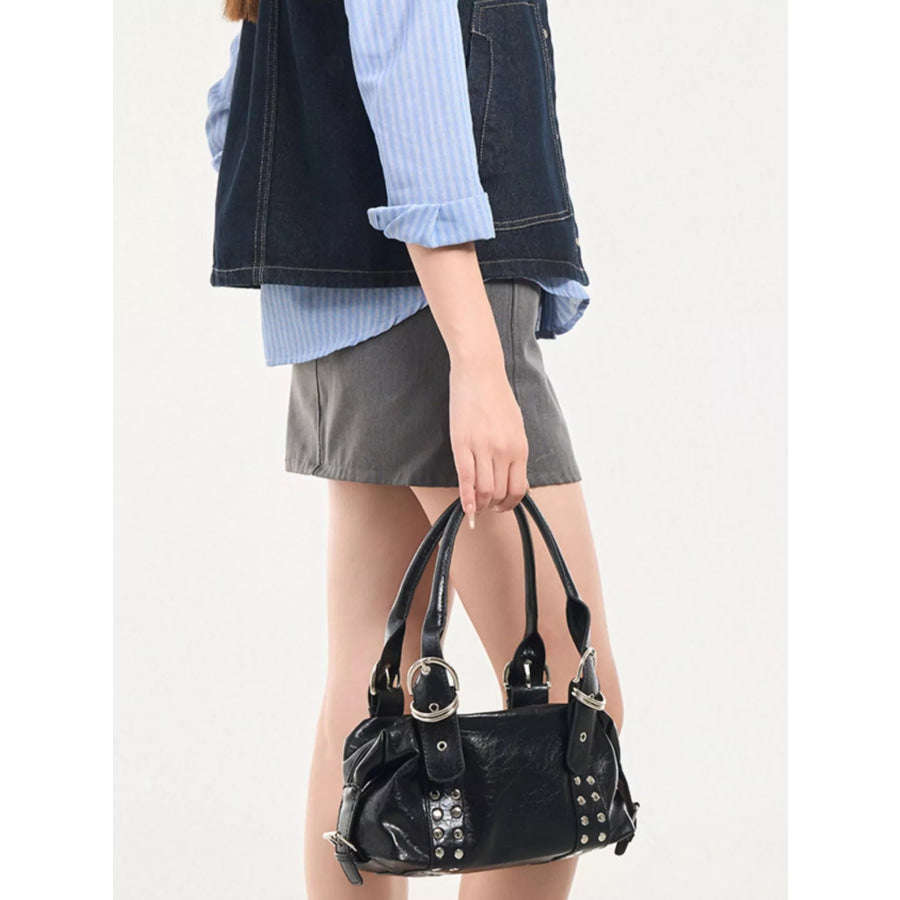 Studded Buckle Accent Handbag Black / One Size Apparel and Accessories