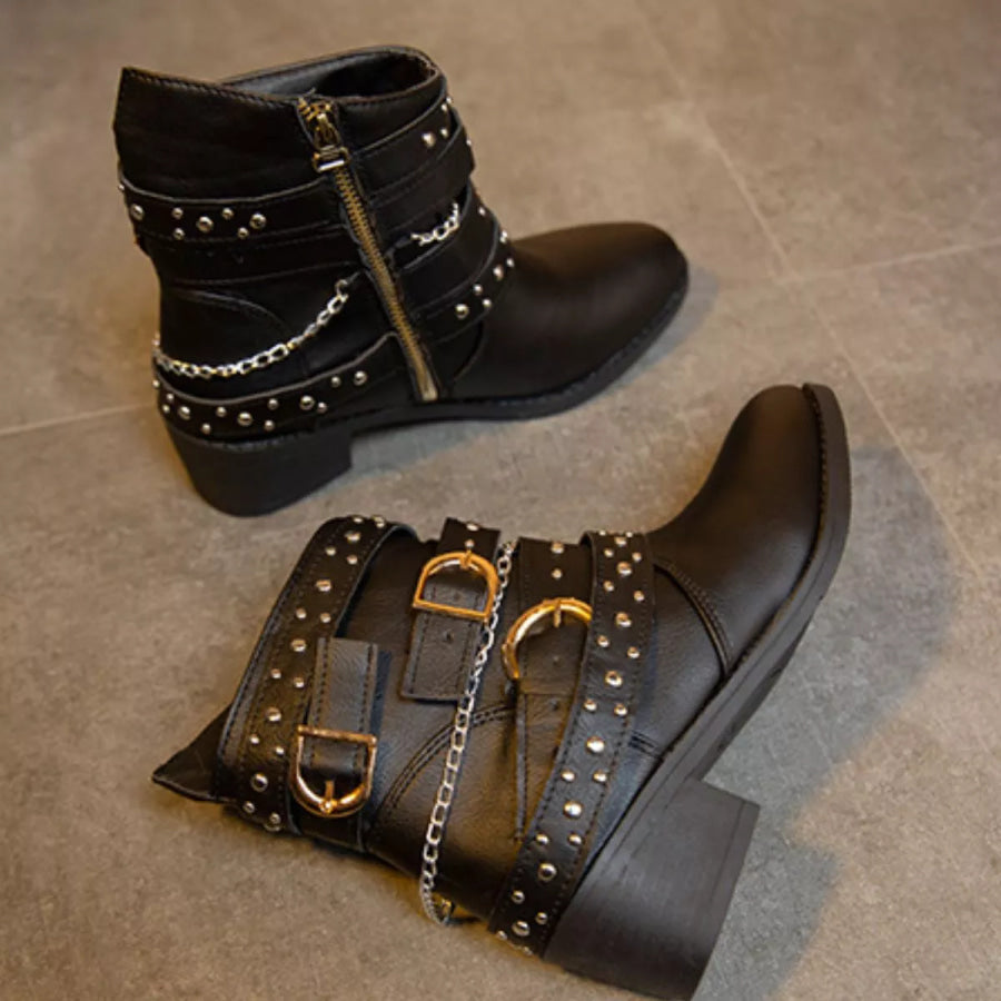 Studded Buckle Ankle Boots Apparel and Accessories