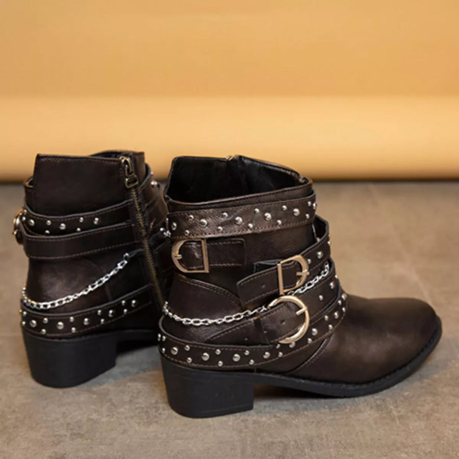 Studded Buckle Ankle Boots Apparel and Accessories